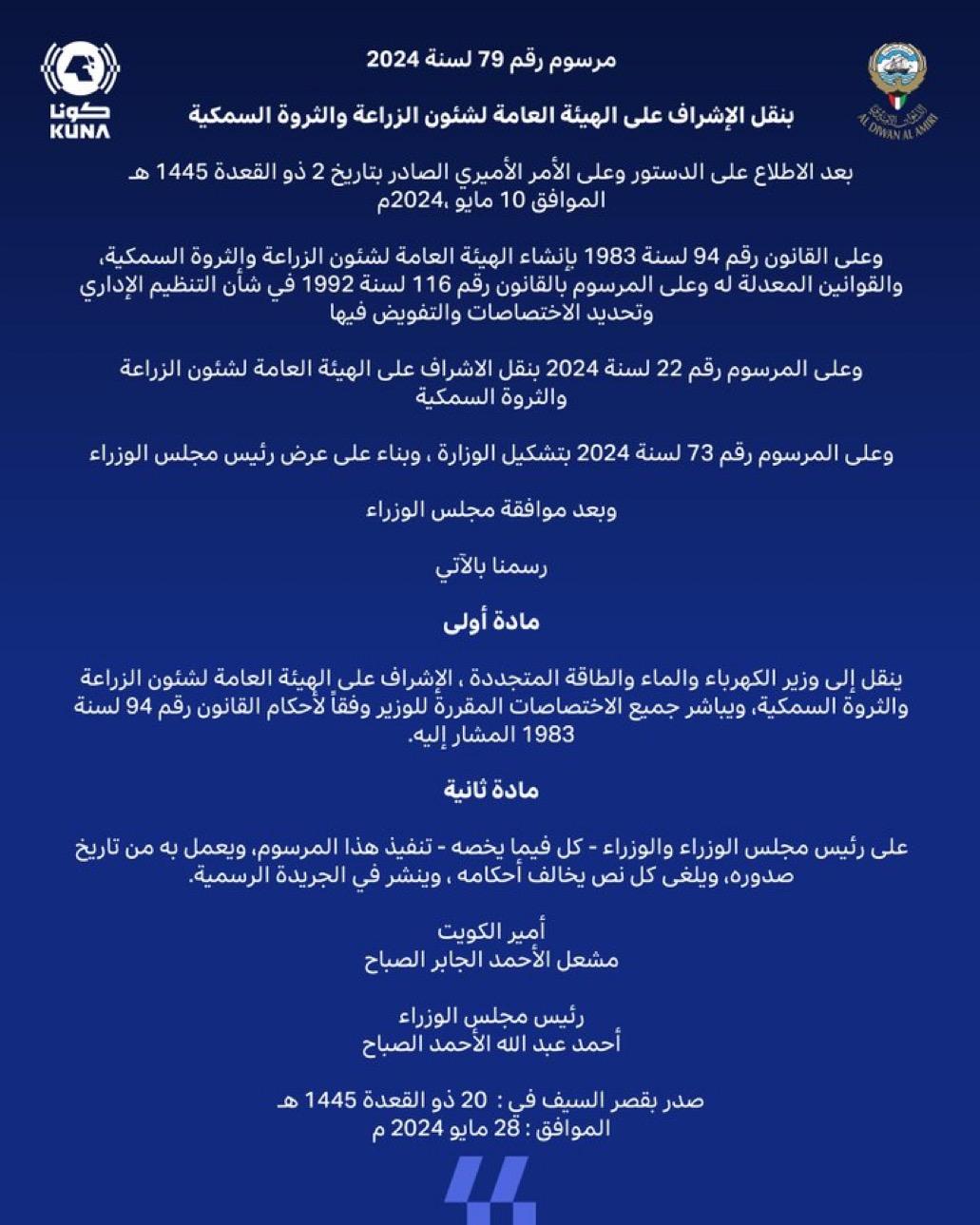 (الكويت اليوم): صدور مرسوم بنقل الإشراف على (هيئة الزراعة) إلى وزير الكهرباء والماء والطاقة المتجددة