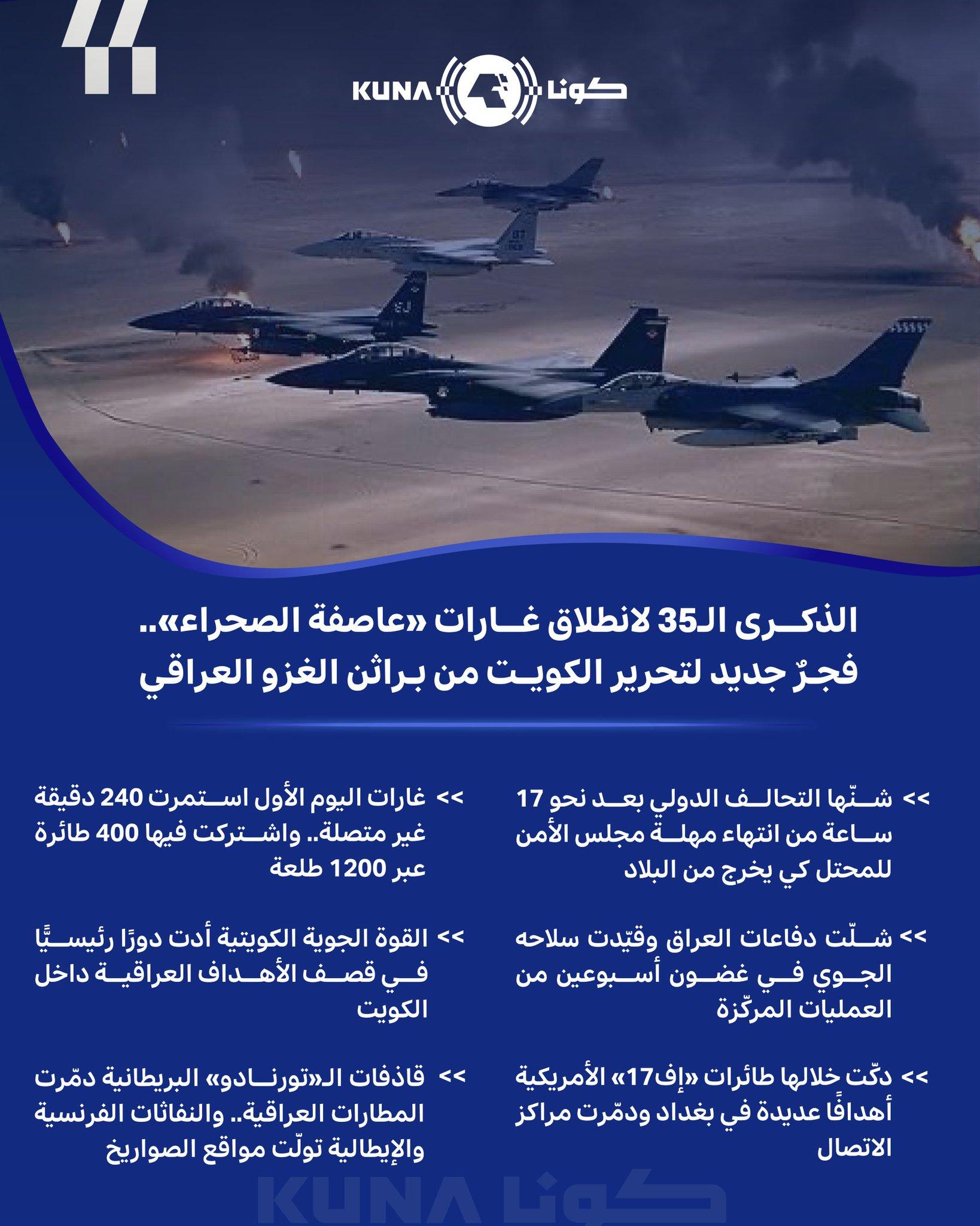الذكرى الـ35 لأولى غارات (عاصفة الصحراء) .. محطة مفصلية أنهت الاحتلال العراقي الغاشم للكويت