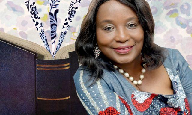 A collage of Sisi Lawyer smiling next to a large open book, with a colourful background